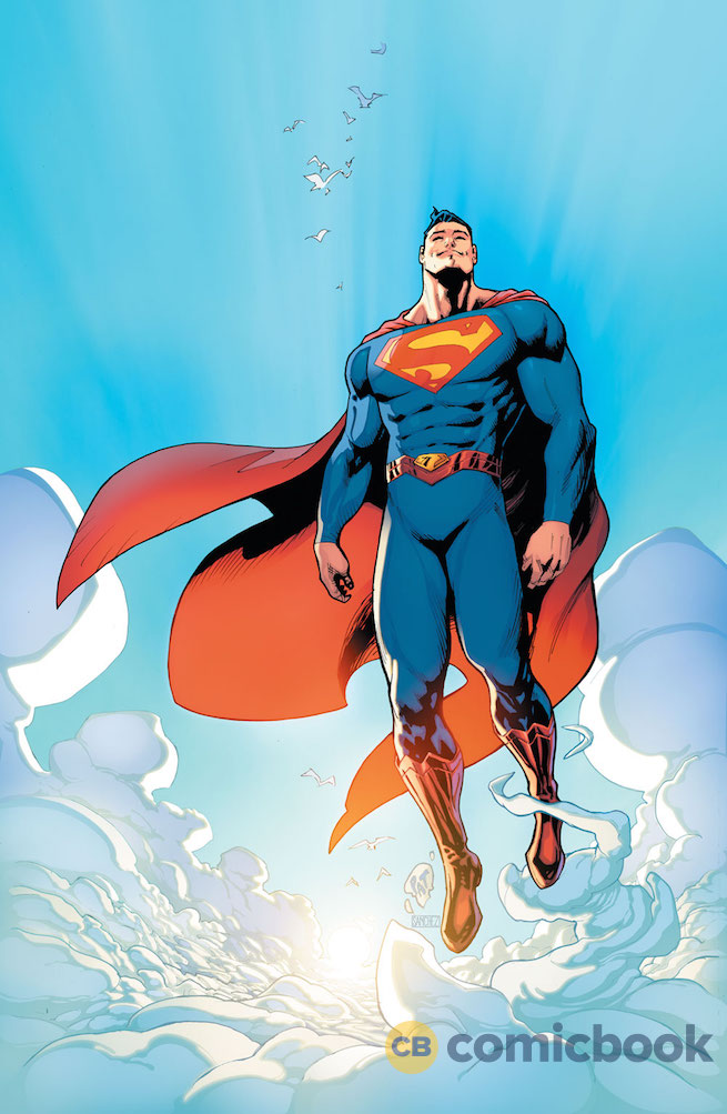 Superman floating in the sky in his new suit without briefs