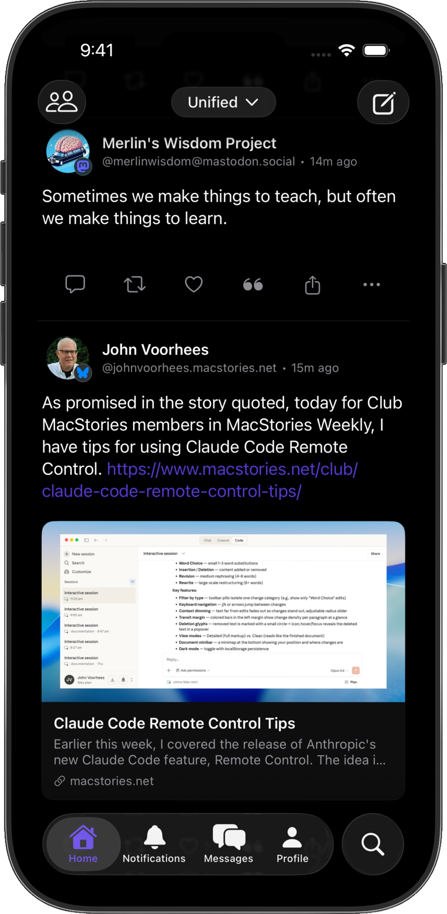 SocialFusion unified timeline showing Mastodon and Bluesky posts together